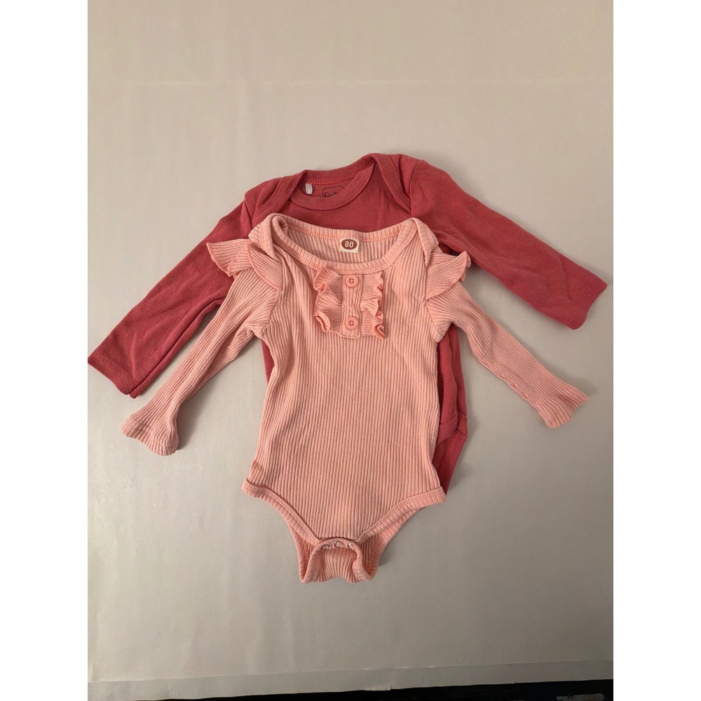Quiltex Bodysuits Baby Girl 6-9 Months Pink 2pc Lot Ribbed‎ Ruffle Long Sleeve